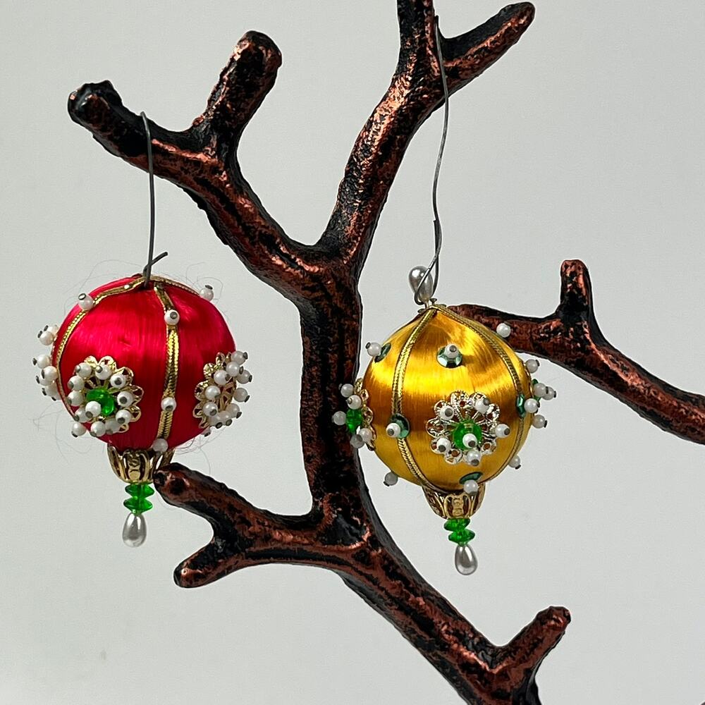 Vintage Handmade Satin Wrapped Beaded Christmas Ornament Pair 2.5‑3″